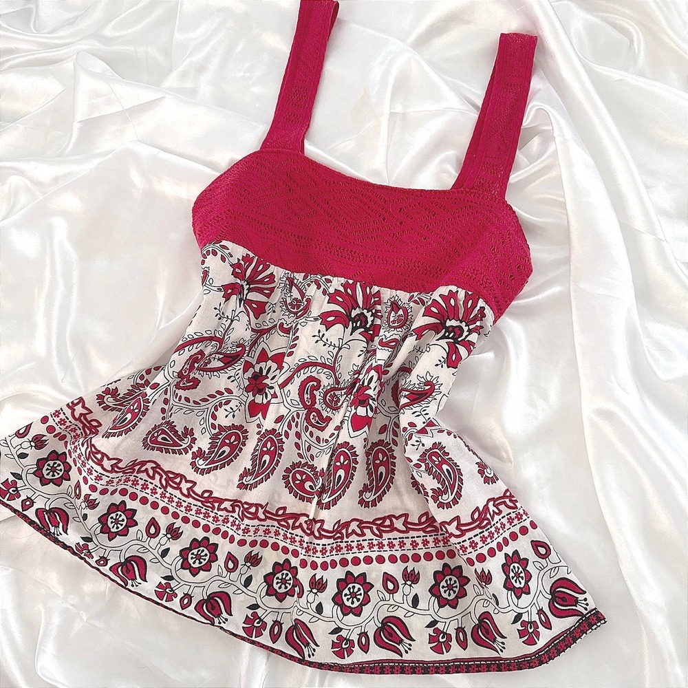 No Boundaries Red Crochet Paisley Babydoll Tank Top Boho Y2K Small 3/5